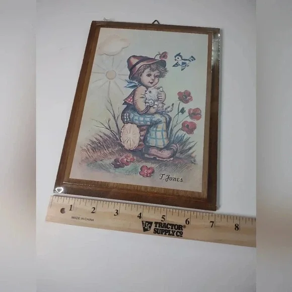 T. Jones vintage picture boy with kitten and flowers 9 1/ 2" x 7" - Picture 3 of 3